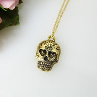 Halloween Skull Necklace Gift, Gold Sugar Skull Charm, Skull Charm, Halloween Gift, Halloween Jewelry, Christmas Gift, N412