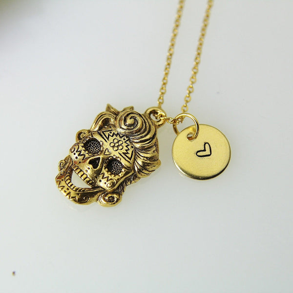 Halloween Skull Necklace, Gold Skull With Curly Hair Charm, Skull Charm, Halloween Gift, Halloween Jewelry Personalized Gift N431