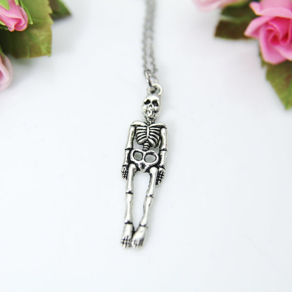 Halloween Skeleton Necklace, Silver Skeleton Charm, Human Skeleton Charm Necklace, Halloween Decoration Jewelry, Christmas Gift, N449