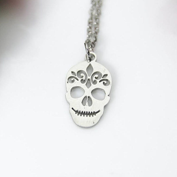 Halloween Silver Sugar Skull Necklace, Sugar Skull Charm, Gothic Gift, Halloween Jewelry, Occult Gift,  Halloween Gift, Christmas Gift, N568