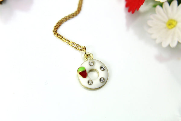 Donut Necklace, Gold Donut Charm Necklace, Red Strawberry Donut Charm Necklace, Food Charm, Foodie Gift, Personalized Christmas Gift, N852