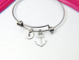 Silver Anchor Charm Bracelet, Nautical Ocean Charm, Stainless Steel Bangle, Personalized Gift,  N2272