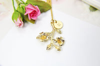 Gold Blossom Flower Charm Necklace, 18K Gold Plated Branch Flower Charm, Hand Stamp Personalized Initial or Zodiac Constellations Gift N2187