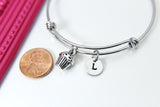 Silver Cupcake Charm Bracelet, Berkery Baker Gift, Stainless Steel Bangle, Personalized Custom Monogram, N2307