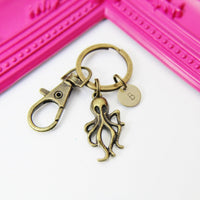 Bronze Octopus Charm Keychain, Ocean Sea Fish Charm, Personalized Customized Monogram, N2573