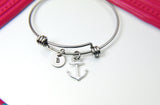 Silver Anchor Charm Bracelet, Nautical Ocean Charm, Stainless Steel Bangle, Personalized Gift,  N2272