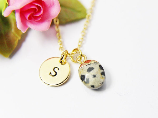 Gold Natural Dalmatian Jasper Charm Necklace, Natural Dalmatian Jasper Charm, Gemstone Jewelry, Personalized  Monogram Gift, N2761