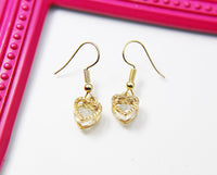 Gold Heart Zirconia Charm Earrings, Heart Cubic Zirconia Charm, Gemstone Jewelry, Mom Gift, N2788
