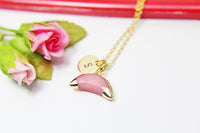 Best Christmas Gift, Natural Gemstone Crescent Moon Pink White Jade Necklace N2813