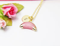 Best Christmas Gift, Natural Gemstone Crescent Moon Pink White Jade Necklace N2813