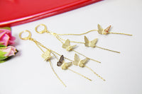 Gold Butterfly Charm Earrings, Beautiful Tassel 18K Gold Plated Butterfly Long Earrings, Butterfly Bug Insect Jewelry, N2924