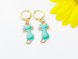 Halloween Earrings Gift, Gold Hoop or Dangle Cute Blue Green Cat Earrings, Halloween Jewelry Gift, N3000