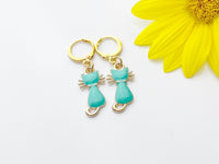 Halloween Earrings Gift, Gold Hoop or Dangle Cute Blue Green Cat Earrings, Halloween Jewelry Gift, N3000