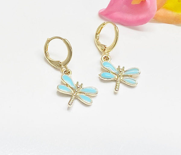 Gold Dragonfly Earrings, Cute Blue Turquoise Dragonfly Charm Earrings, Dragonfly Earrings, N3134
