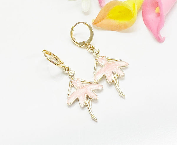 Gold Ballet Earrings, Cute Pink Ballet Dance Girl Charm Earrings, Ballet Dance Earrings, N3138