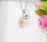Best Birthday Gift, Silver Pink Japanese Cherry Blossom Necklace, Real Dried Flower Cherry Blossom, Bridal Jewelry, Maid of Honor, N3146