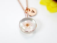 Rose Gold Japanese Cherry Blossom Necklace, Press Flower, Japanese Girlfriends Gift, Birthday Present, Personized Initial Necklace, N3281