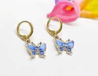 Gold Butterfly Earrings, Cute RoyalBlue Butterfly Charm Earrings, Butterfly Earrings, N3135