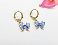 Gold Butterfly Earrings, Cute RoyalBlue Butterfly Charm Earrings, Butterfly Earrings, N3135