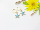 Gold Blue Starfish Earrings, Nautical Earrings, N3189