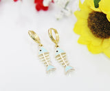 Fish bone Earrings, Gold Blue Fishbone Earrings, Hoop or Stud or Dangle Earrings in Option N3297