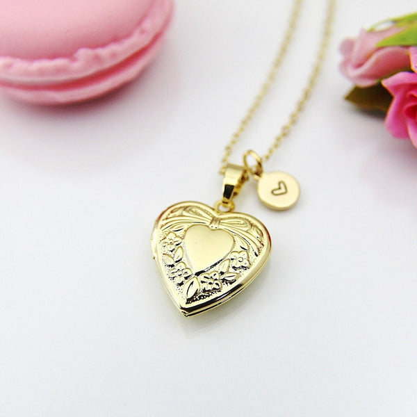 Best Valentine Gift for Girlfriends, Daughter, Granddaughter, Girls, Gold Heart Bowknot Locket Necklace, Love, Keepsake Photo Frame, N4043