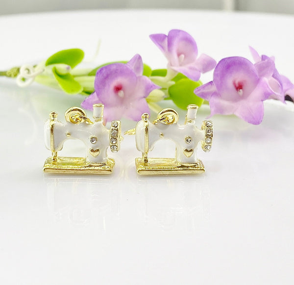 Sewing Machine Earrings, White, Tailor Seamstress Jewelry Gift, Dress Maker Fashion Student Gift, Hypoallergenic, Gold Earrings, L037
