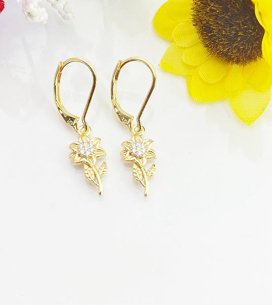 Sunflower Earrings, Gold Sunflower Charm, Sunflower Jewelry Gift, Hypoallergenic, Hoop Lever back Earrings, L113
