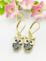 Owl Earrings, Hypoallergenic Earrings, Black Owl Charm, Owl Halloween Jewelry Gift, Dangle Hoop Earrings, L127