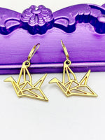 Crane Earrings, Hypoallergenic Earrings, Gold Origami Paper Crane Charm, Origami Paper Crane Jewelry Gift, Dangle Hoop Earrings, L192