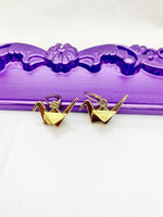 Crane Earrings, Hypoallergenic Earrings, Gold Origami Paper Crane Charm, Origami Paper Crane Jewelry Gift, Dangle Hoop Earrings, L193