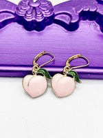 Peach Earrings, Hypoallergenic Earrings, Gold Peach Charm, Foodie Peach Peace Jewelry Gift, Dangle Hoop Earrings, L196