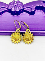 Sunflower Earrings, Hypoallergenic Earrings, Gold Sunflower Charm, Sunflower Floral Jewelry Gift, Dangle Hoop Earrings, L199