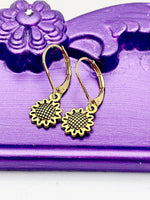 Sunflower Earrings, Hypoallergenic Earrings, Gold Sunflower Charm, Sunflower Floral Jewelry Gift, Dangle Hoop Earrings, L200
