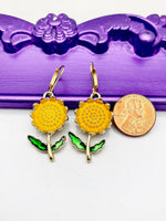 Sunflower Earrings, Hypoallergenic Earrings, Gold Sunflower Charm, Sunflower Floral Jewelry Gift, Dangle Hoop Earrings, L202