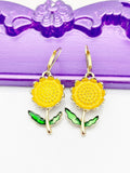 Sunflower Earrings, Hypoallergenic Earrings, Gold Sunflower Charm, Sunflower Floral Jewelry Gift, Dangle Hoop Earrings, L202