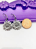Sunflower Earrings, Hypoallergenic Earrings, Silver Sunflower Charm, Sunflower Floral Jewelry Gift, Dangle Hoop Leverback Earrings, L204