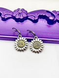 Daisy Earrings, Hypoallergenic Earrings, Silver Daisy flower Charm, Daisy Floral Jewelry Gift, Dangle Hoop Leverback Earrings, L206