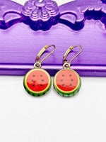 Watermelon Earrings, Hypoallergenic Earrings, Gold Red Watermelon Charm, Fruit Summer Jewelry Gift, Dangle Hoop Leverback Earrings, L222