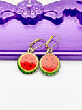 Watermelon Earrings, Hypoallergenic Earrings, Gold Red Watermelon Charm, Fruit Summer Jewelry Gift, Dangle Hoop Leverback Earrings, L222