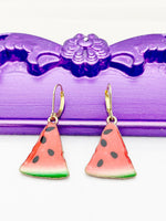 Watermelon Earrings, Hypoallergenic Earrings, Gold Red Watermelon Charm, Fruit Summer Jewelry Gift, Dangle Hoop Leverback Earrings, L224