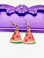 Watermelon Earrings, Hypoallergenic Earrings, Gold Red Watermelon Charm, Fruit Summer Jewelry Gift, Dangle Hoop Leverback Earrings, L224
