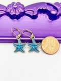 Starfish Earrings, Hypoallergenic Earrings, Gold Blue Starfish Charm, Ocean Beach Summer Jewelry Gift, Dangle Hoop Leverback Earrings, L229