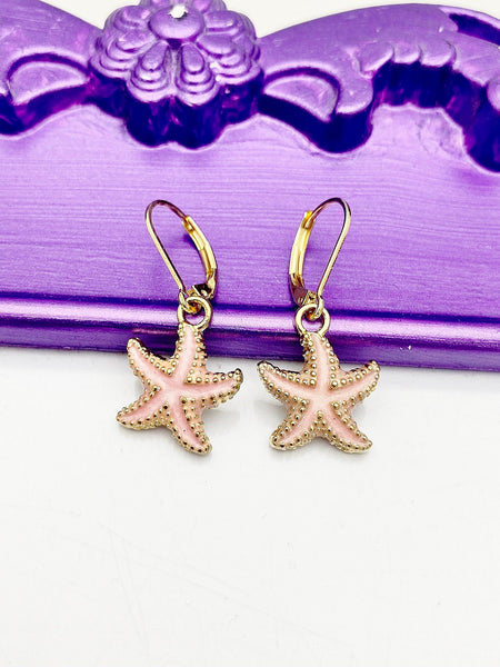 Starfish Earrings, Hypoallergenic Earrings, Gold Pink Starfish Charm, Ocean Beach Summer Jewelry Gift, Dangle Hoop Leverback Earrings, L232