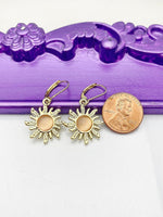 Sun Earrings, Hypoallergenic Earrings, Gold Cat Eye Sun Sunbursts Charm, Summer Jewelry Gift, Dangle Hoop Leverback Earrings, L234