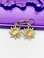 Sun Earrings, Hypoallergenic Earrings, Gold Cat Eye Sun Sunbursts Charm, Summer Jewelry Gift, Dangle Hoop Leverback Earrings, L234