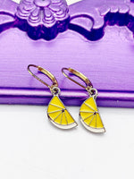 Lemon Earrings, Hypoallergenic Earrings, Gold Yellow Lemon Charm, Summer Jewelry Gift, Dangle Hoop Leverback Earrings, L238
