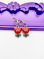 Tulip Earrings, Hypoallergenic Earrings, Gold Red Tulip Charm, Tulip Flower Floral Jewelry Gift, Dangle Hoop Leverback Earrings, L241