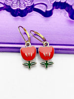Tulip Earrings, Hypoallergenic Earrings, Gold Red Tulip Charm, Tulip Flower Floral Jewelry Gift, Dangle Hoop Leverback Earrings, L241