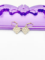 Diamond Earrings, Hypoallergenic Earrings, Gold Daimond Shaped Charm, Daimond Jewelry Gift, Dangle Hoop Leverback Earrings, L248